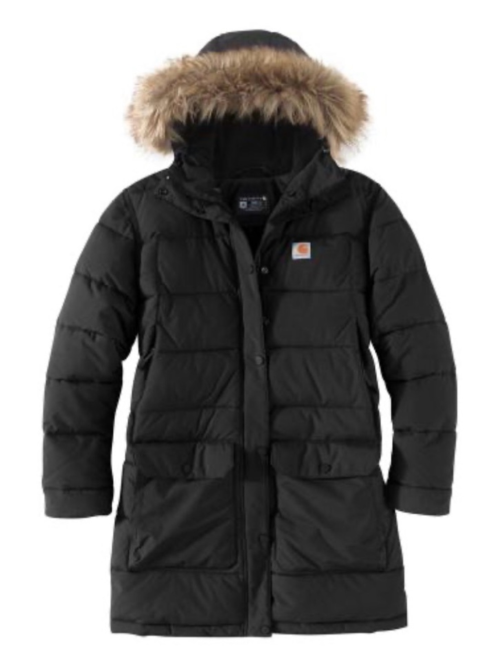 Carhartt Women's Black Long Puffer Parka with Faux Fur Hood Trim